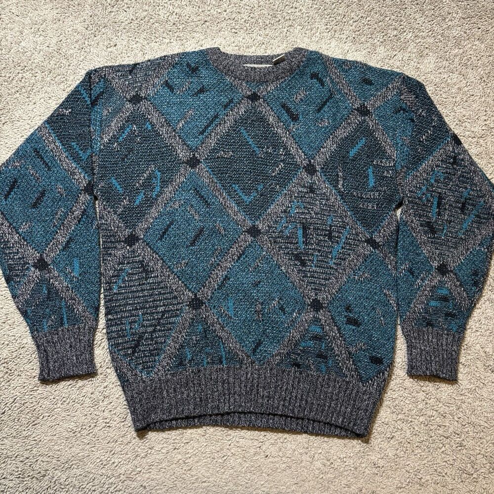 Method Vintage 90s Sweater Mens XL Blue Gray Geometric Diamond Knit Wool Blend